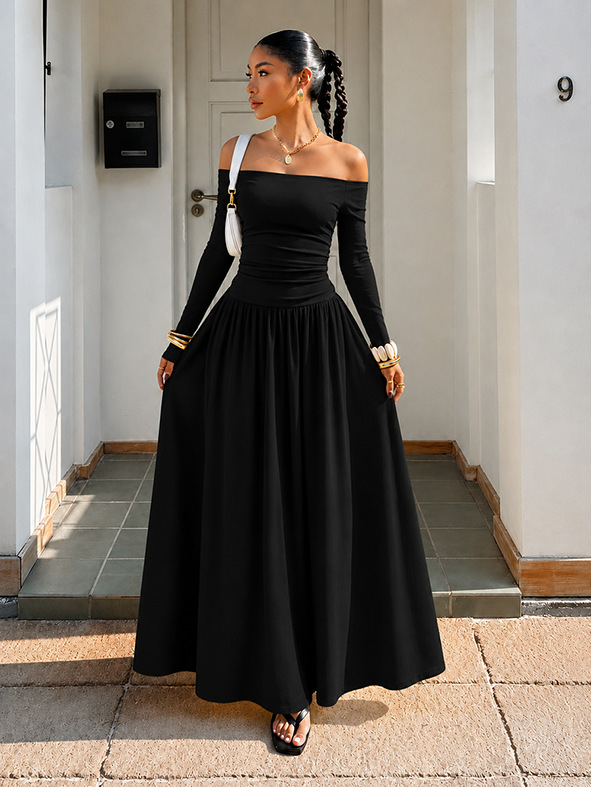 Sexy Off-Shoulder Polka Dot A-Line Dress with Waist-Cinching Silhouette