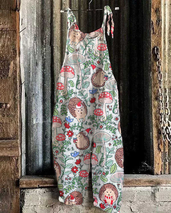 Women's Printed Cotton-Linen Cami Jumpsuit Sleeveless Wide-Leg Beach Romper