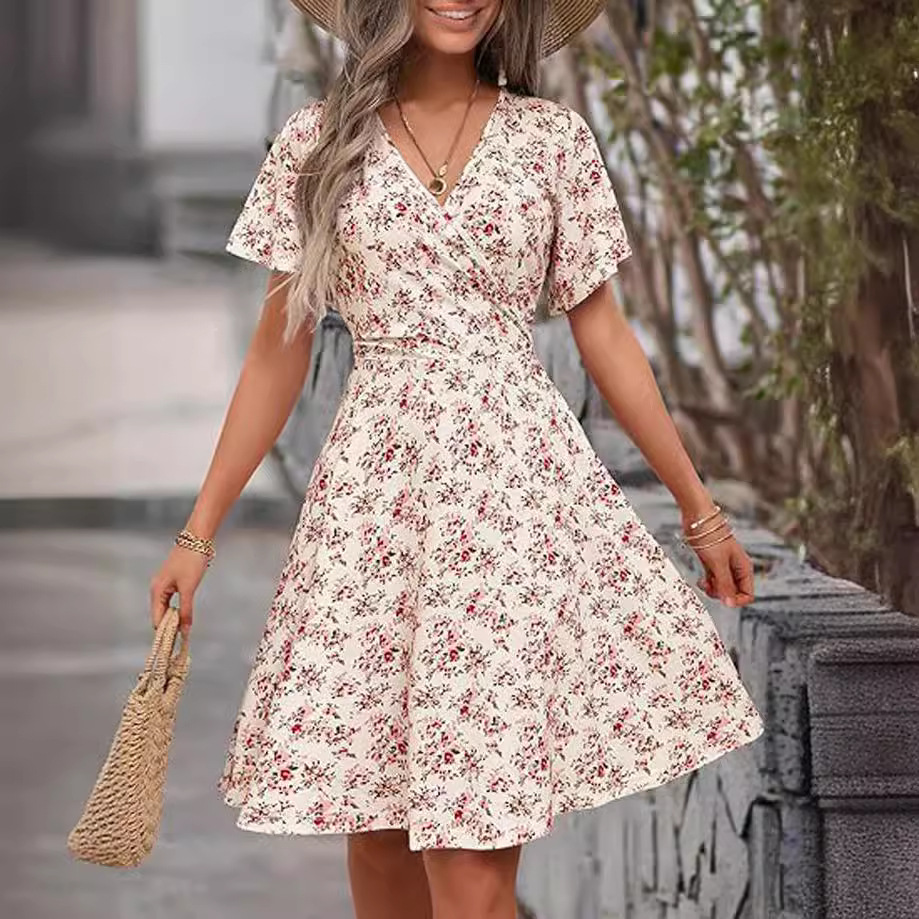 Women's Floral Short Sleeve Wrap V-Neck A-Line Midi Dress