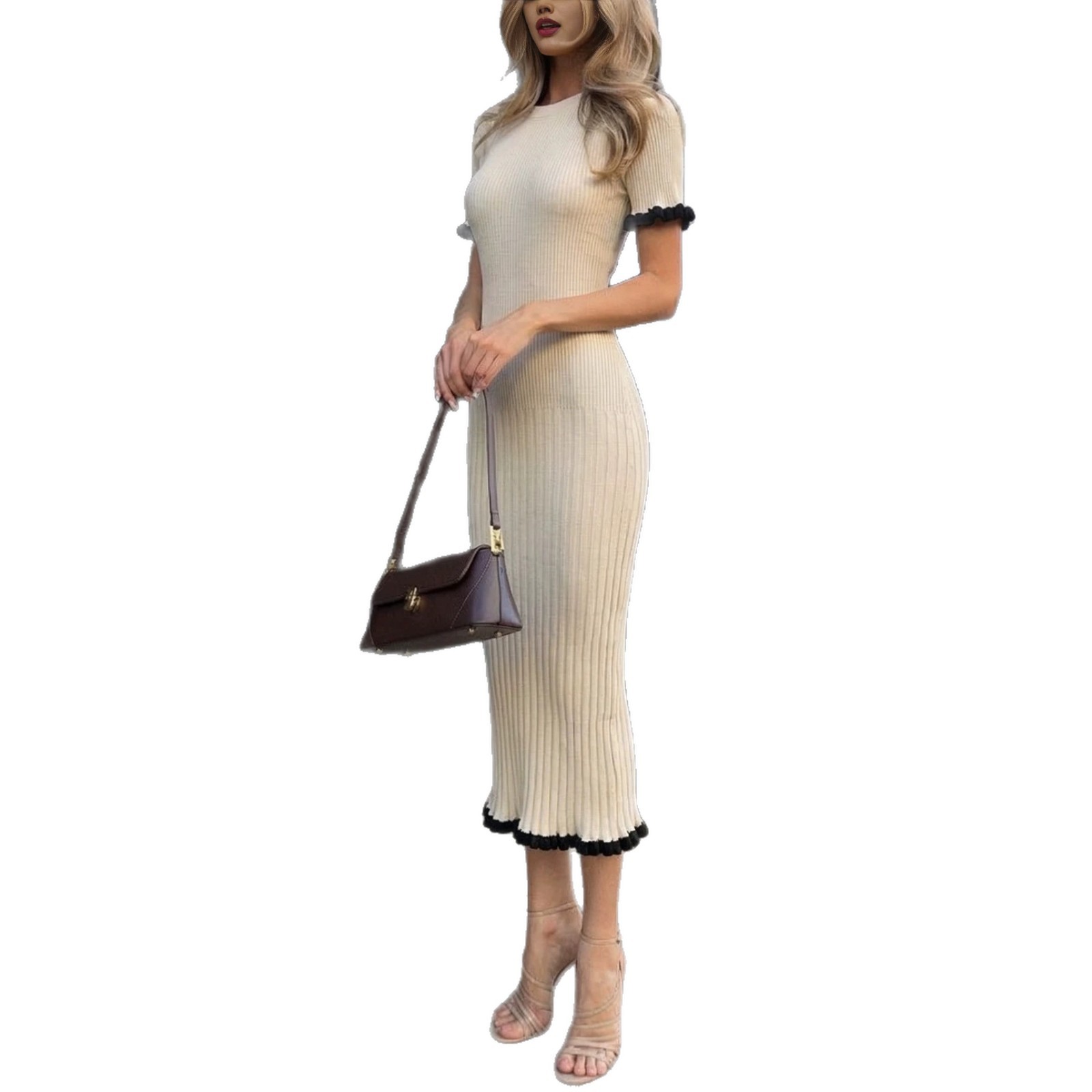 Women's Ribbed Knit Sweater Dress with Collar Button Accent and Ruffle Trim
