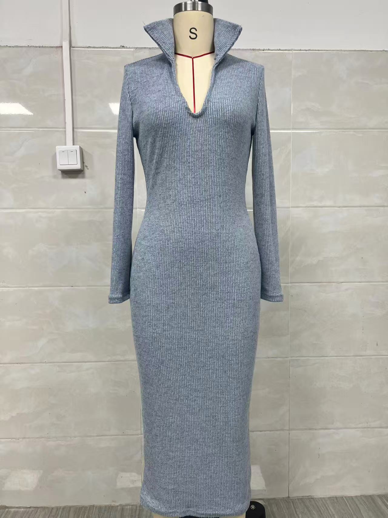 Women's Slim Fit Belted Midi Bodycon Dress High Neck Long Sleeve Knit