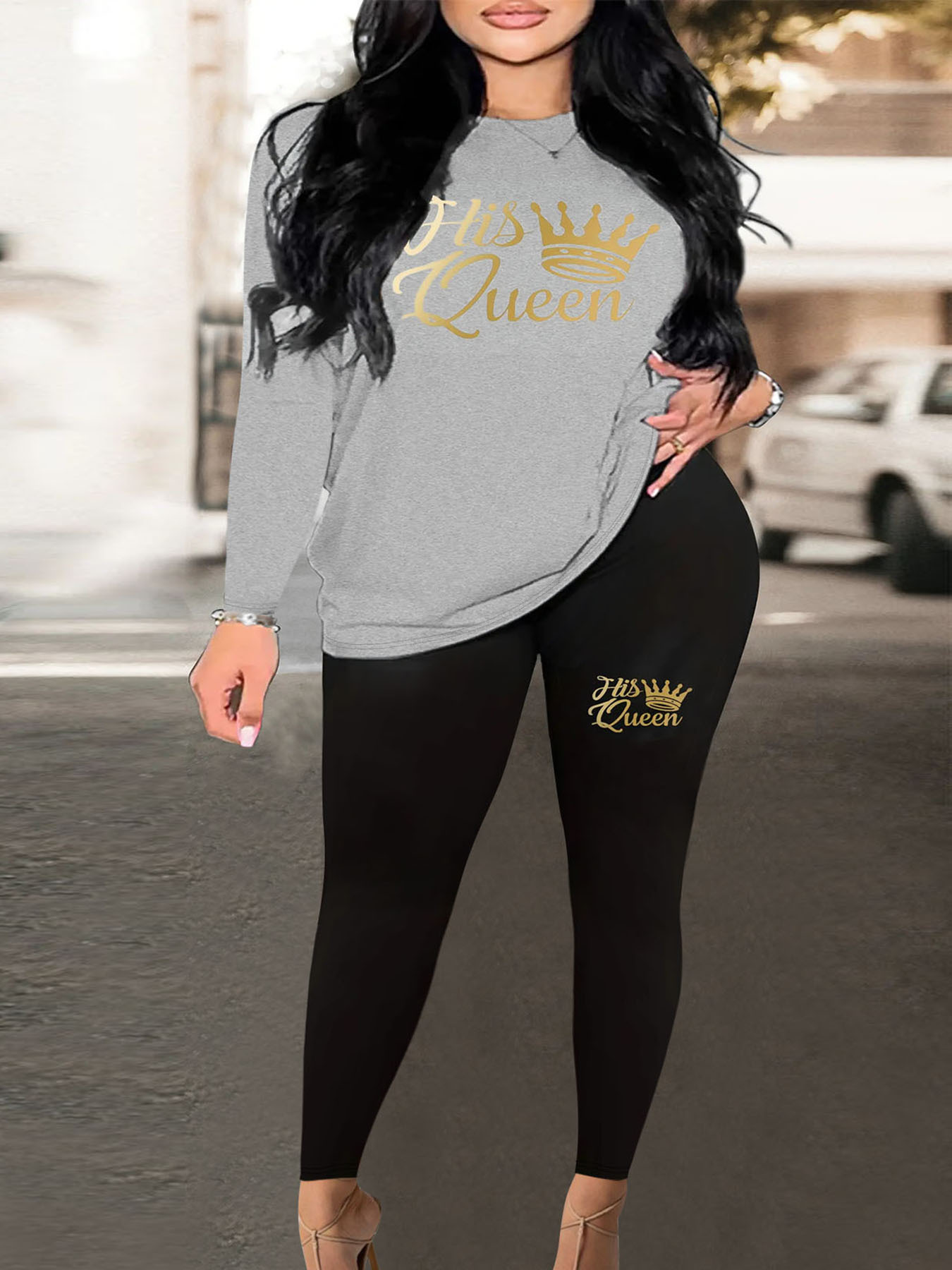 Letter Heart Print Loose Casual Round Neck Two-Piece Pants Set