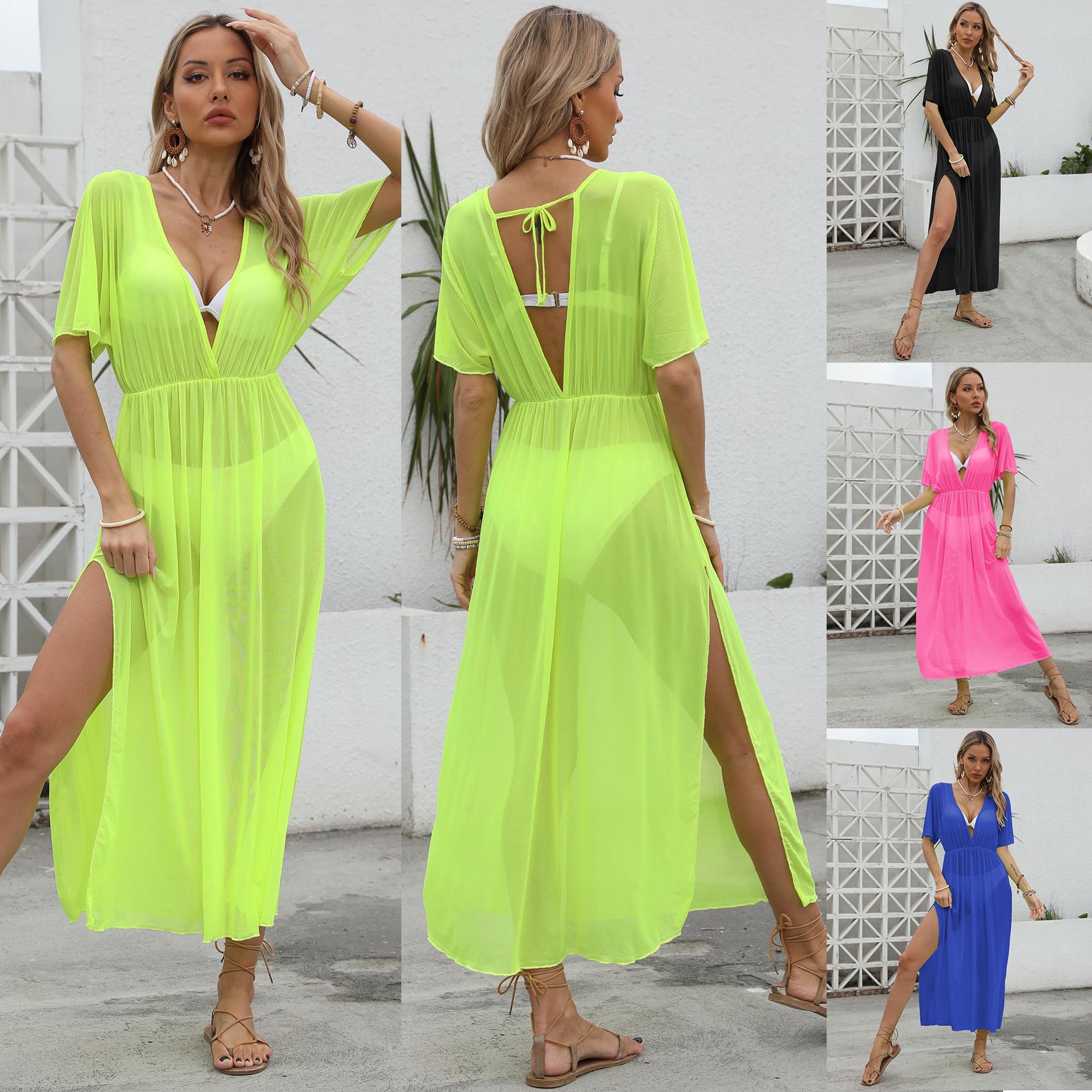 Women's Sheer Mesh V-Neck High Slit Beach Cover-Up Dress