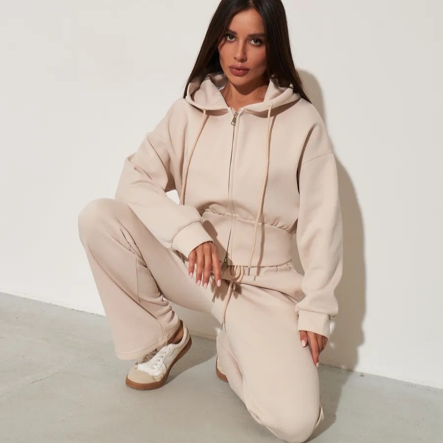 Women's Solid Color Zip Hooded Cardigan and Wide-Leg Pants Two-Piece Set