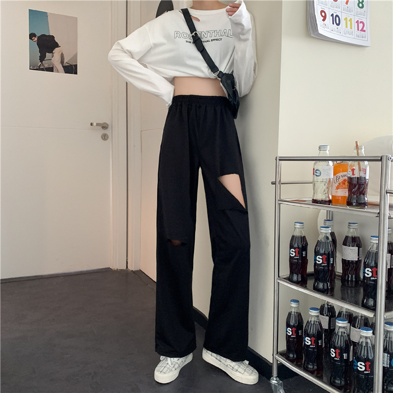 Distressed High-Waist Wide-Leg Pants for Women, Gray Straight-Leg Casual Trousers