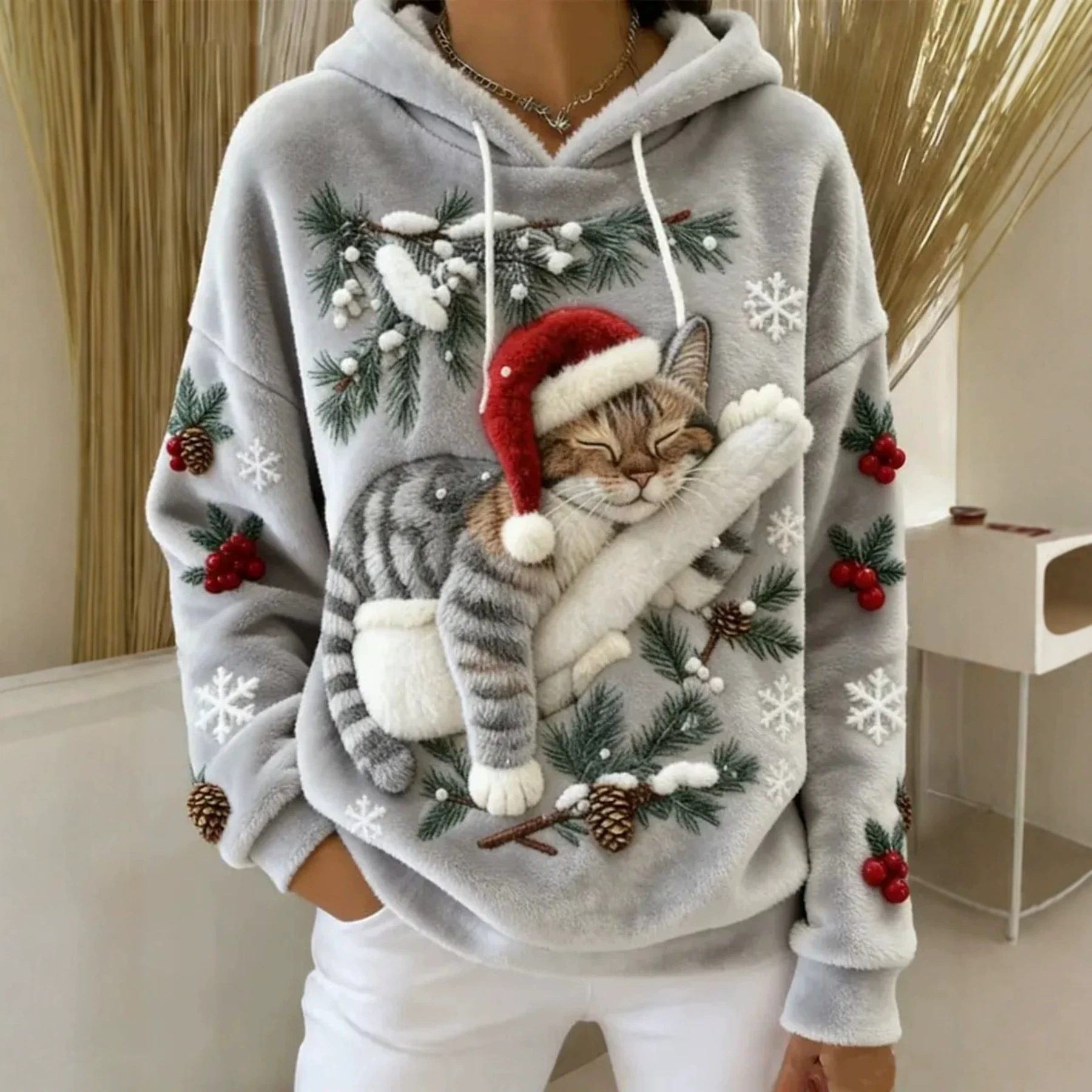 Christmas Cat Print Fleece Hoodie Women's Pullover