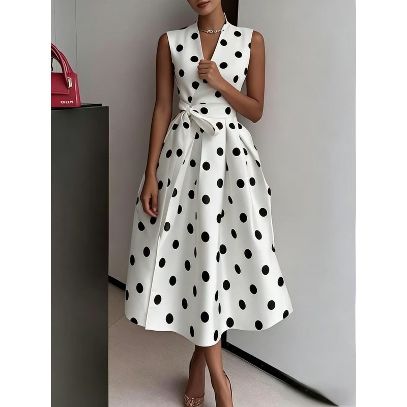 French Vintage Polka Dot High-Waist A-Line Midi Dress