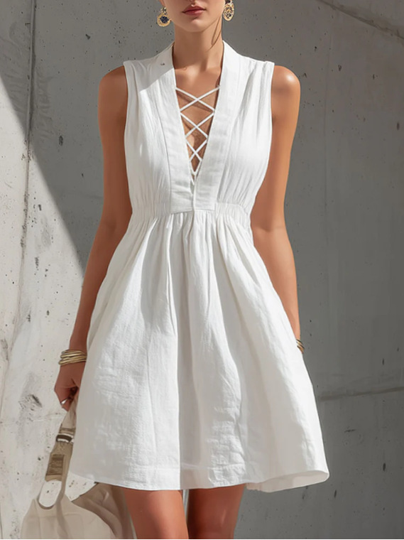 Women's Sleeveless V-Neck Solid A-Line Dress Casual Cotton-Blend