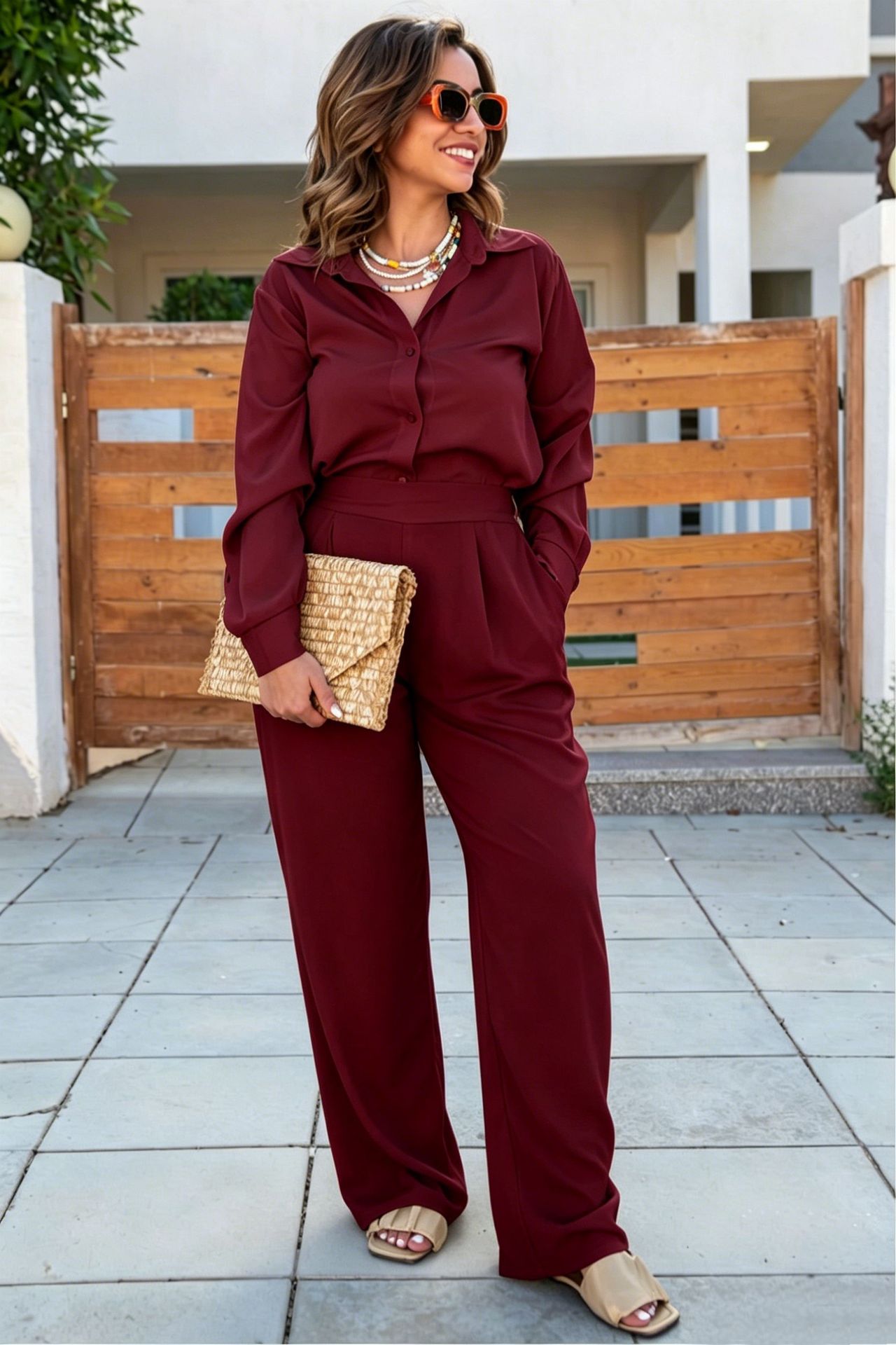 V-Neck Loose Wide-Leg Pant Set