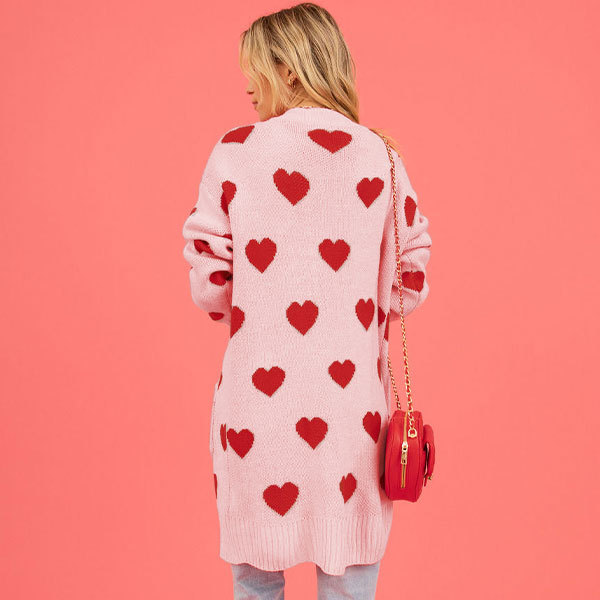Heart Jacquard V-Neck Midi Cardigan Sweater Coat with Pockets
