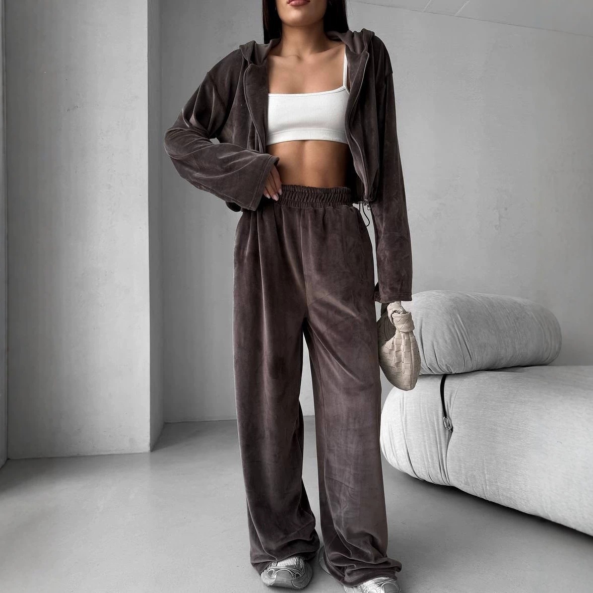 Velvet Hooded Two-Piece Set Women's Cropped Cardigan & High-Waist Wide-Leg Pants