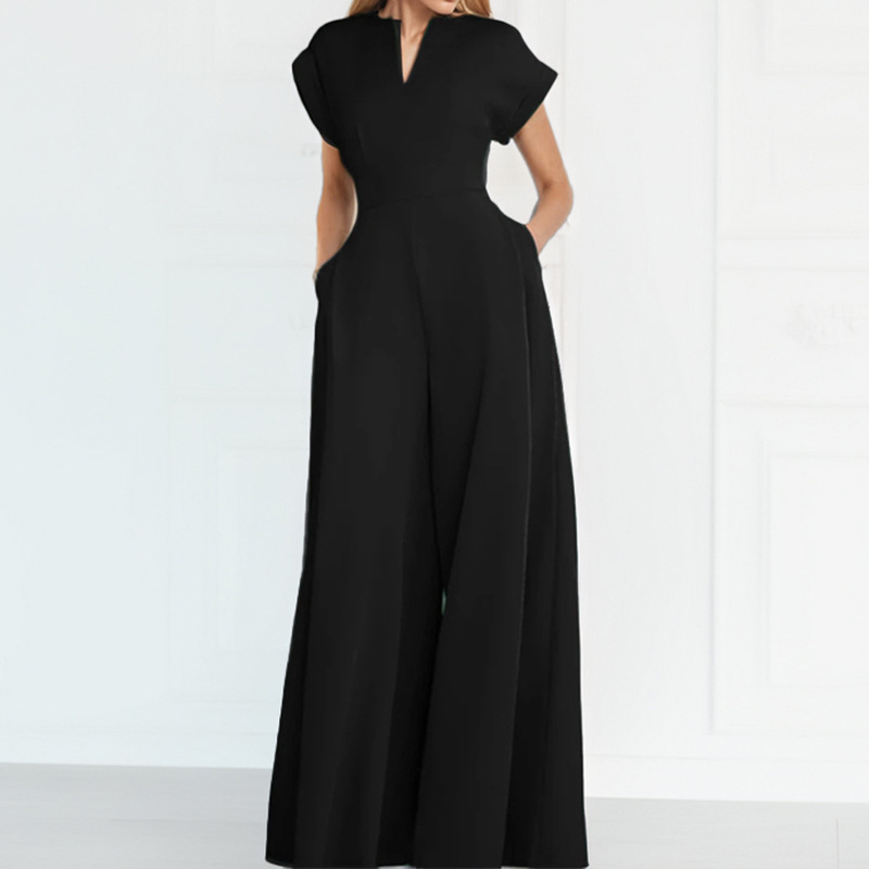 V-Neck Waist-Cinched Wide-Leg Jumpsuit