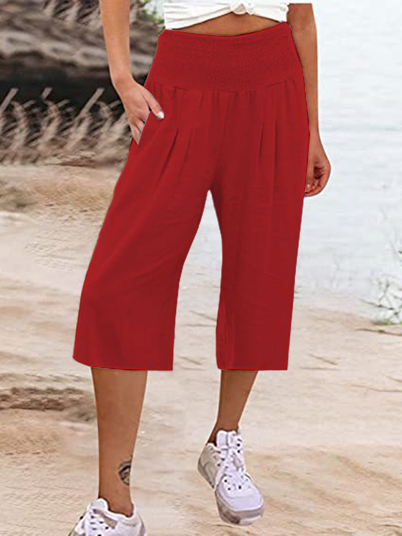 Women's Summer Smocked Wide-Leg Capri Pants Casual Loose Fit