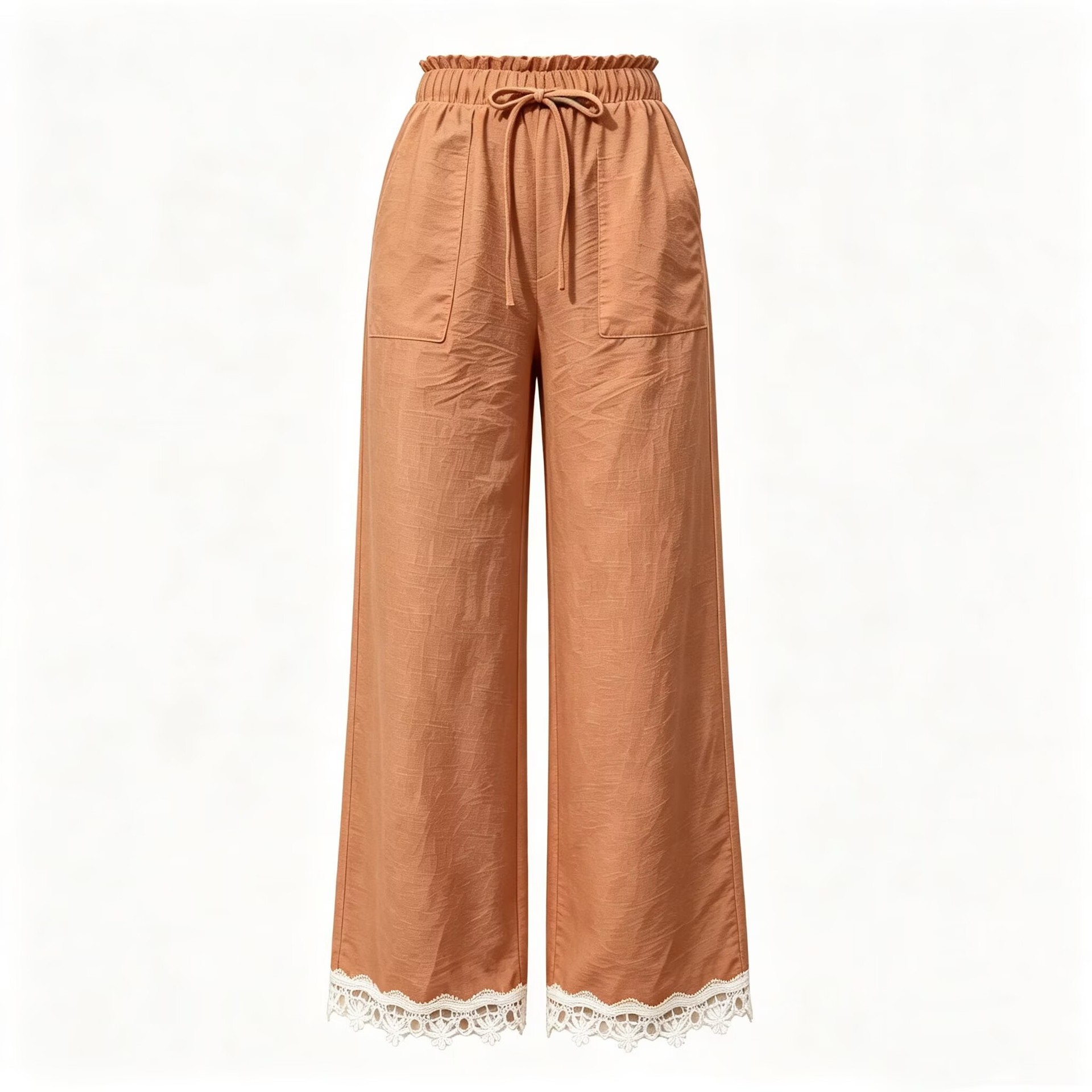Women's Lace Trim Wide Leg Pants Casual Loose Straight Trousers