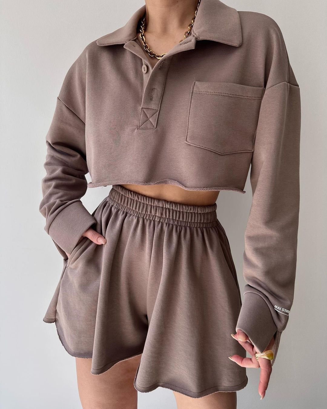 Solid Color Long Sleeve Open-Front Top and Drawstring Shorts Set