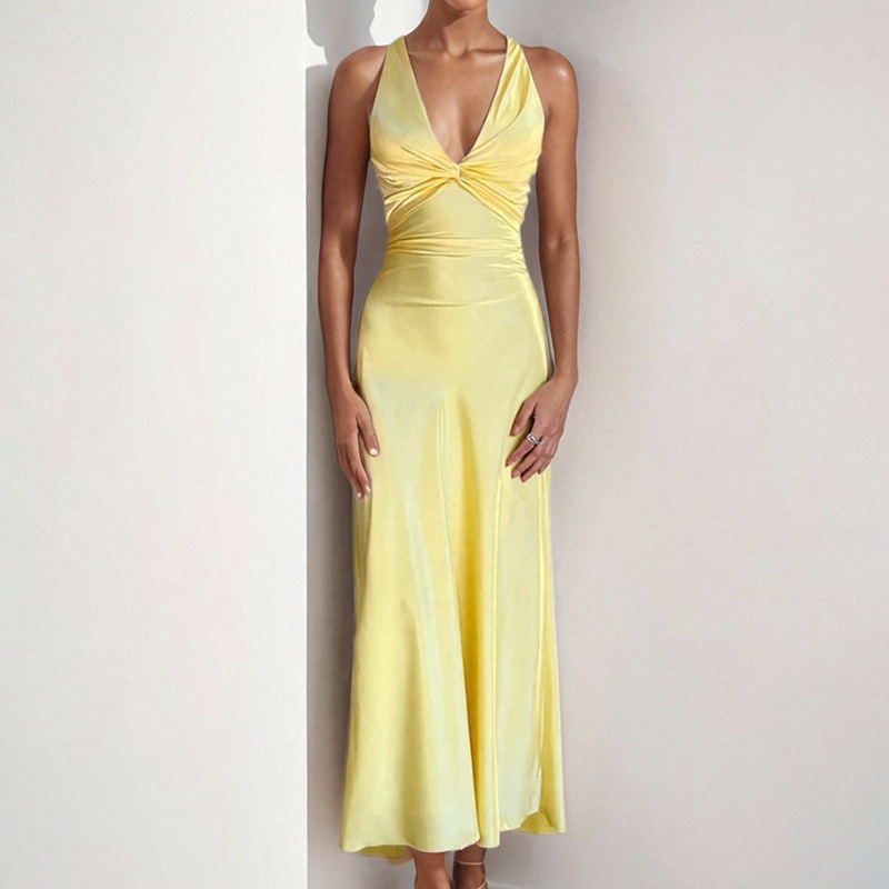 Women's V-Neck Ruched Bodycon Long Dress