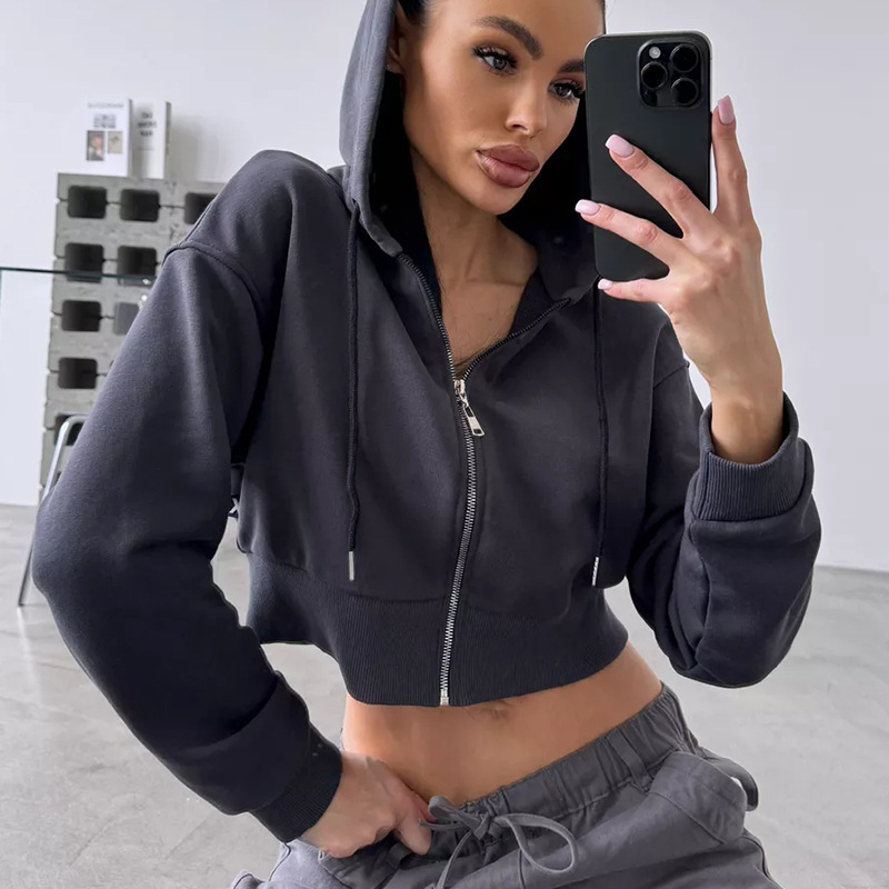 Women's Long Sleeve Hooded Zip-Up Cropped Fleece Sweatshirt