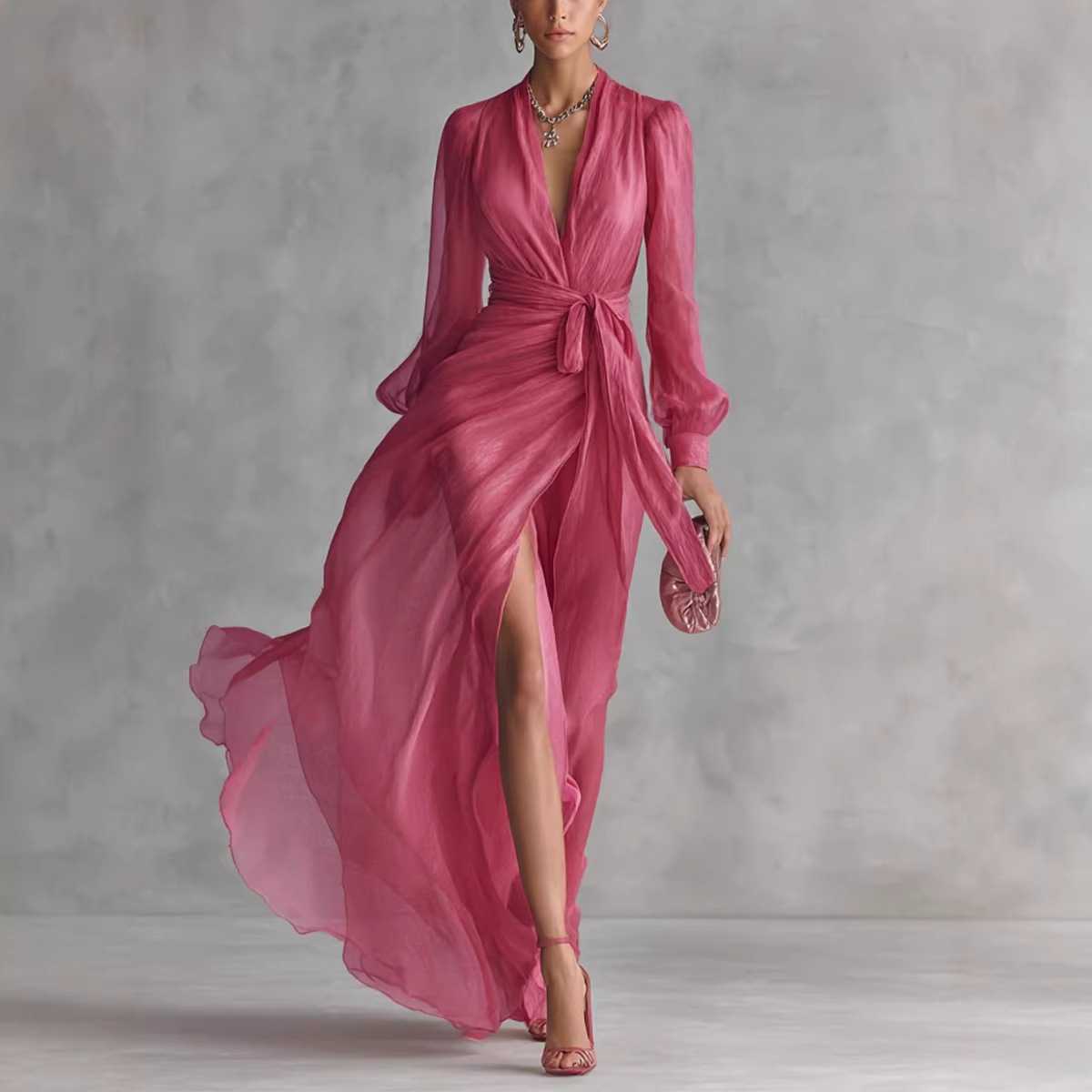 Vintage Court-Style V-Neck Tie-Waist Puff-Sleeve Long Dress