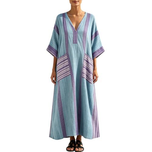 Women's Plaid & Solid Print Midi Dress with Deep V-Neck and Five-Quarter Sleeves