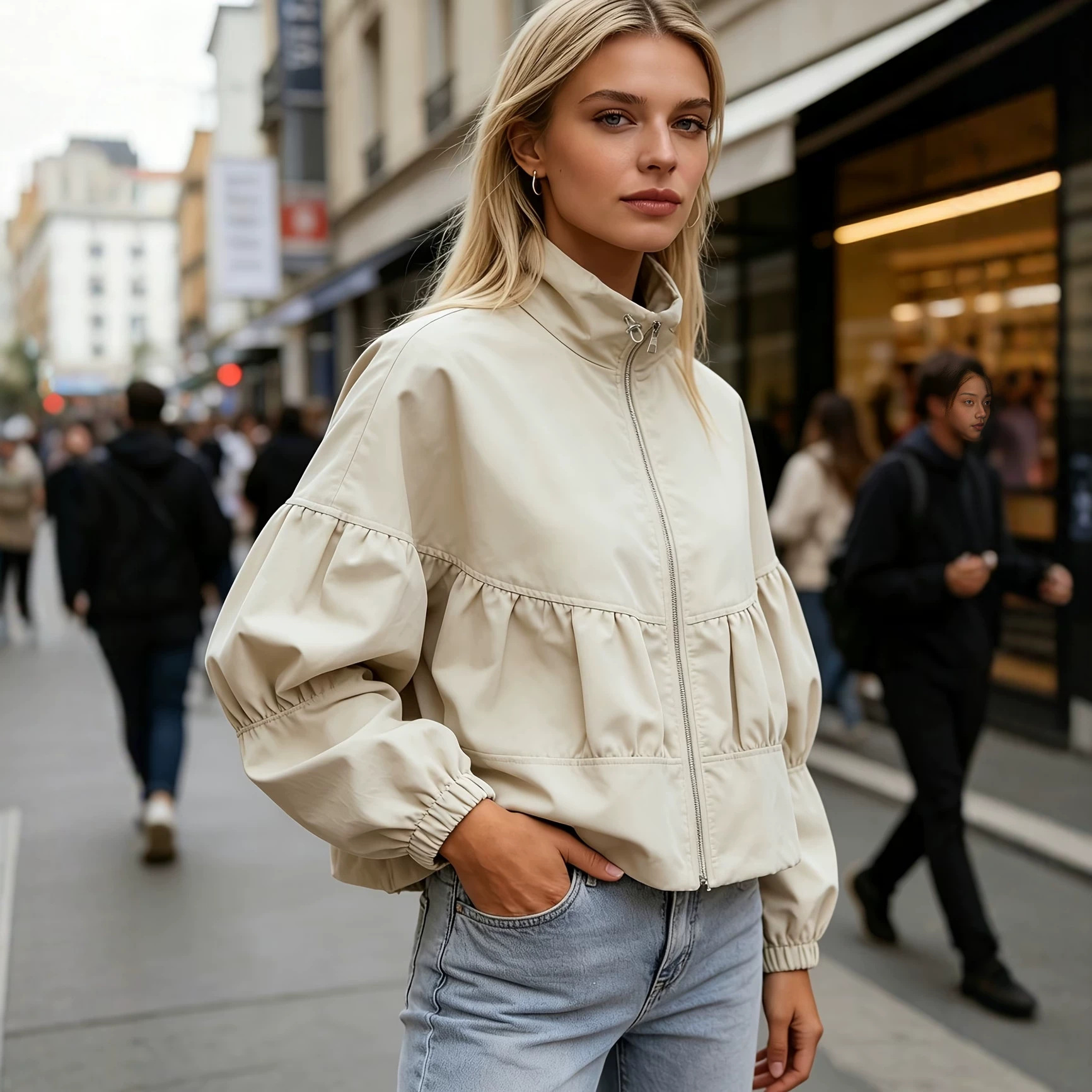 Women's Cropped Utility Jacket with Stand Collar and Lantern Sleeves