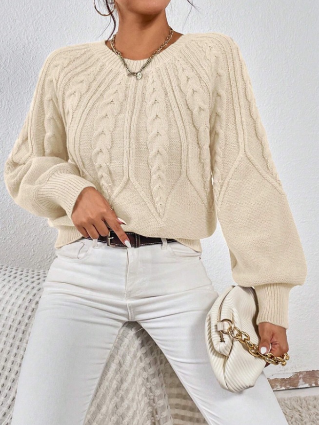 Women's Cable Knit Crewneck Pullover Sweater Solid Color Casual Top