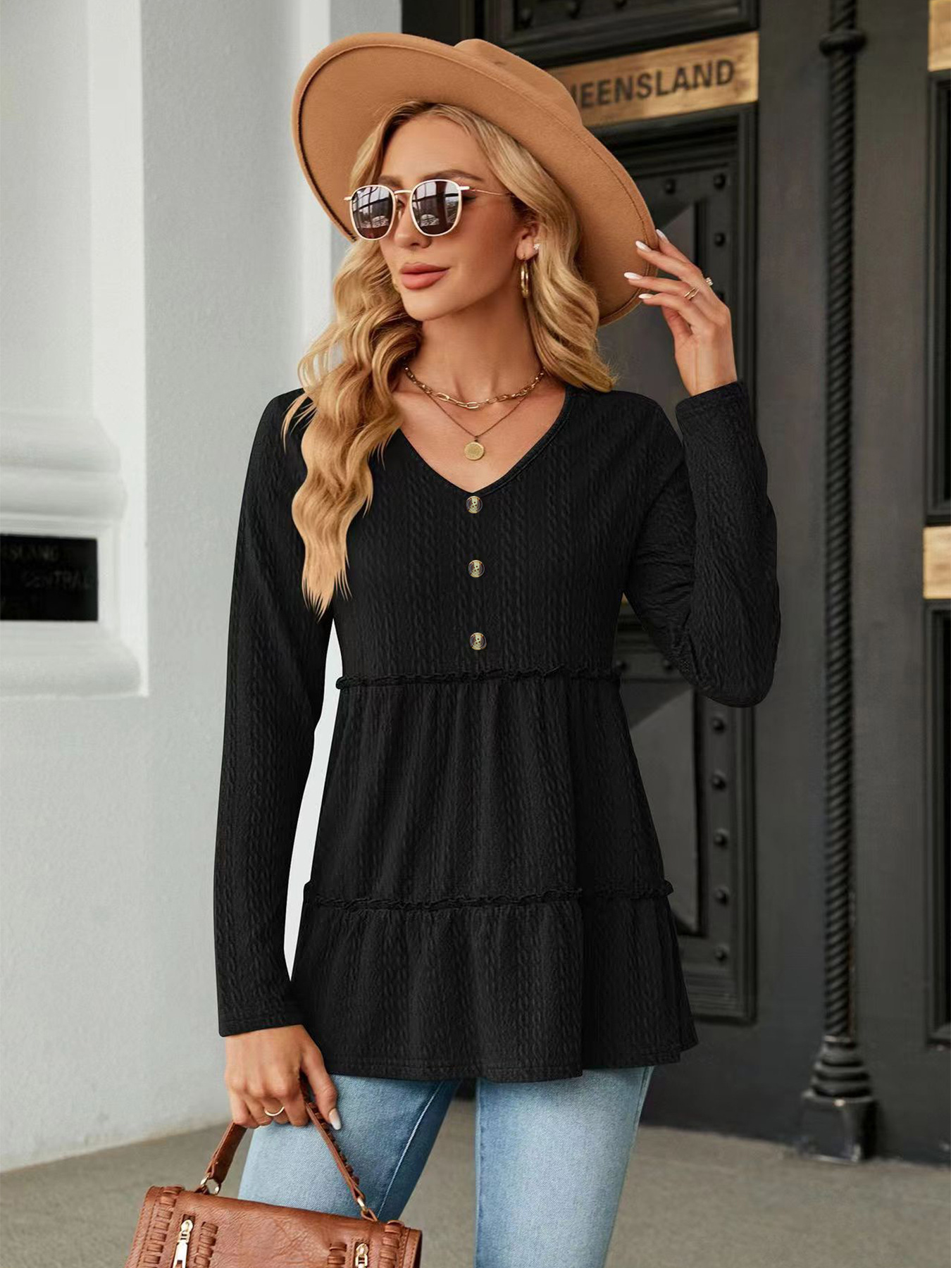 Solid V-Neck Button-Detail Loose Long-Sleeve T-Shirt