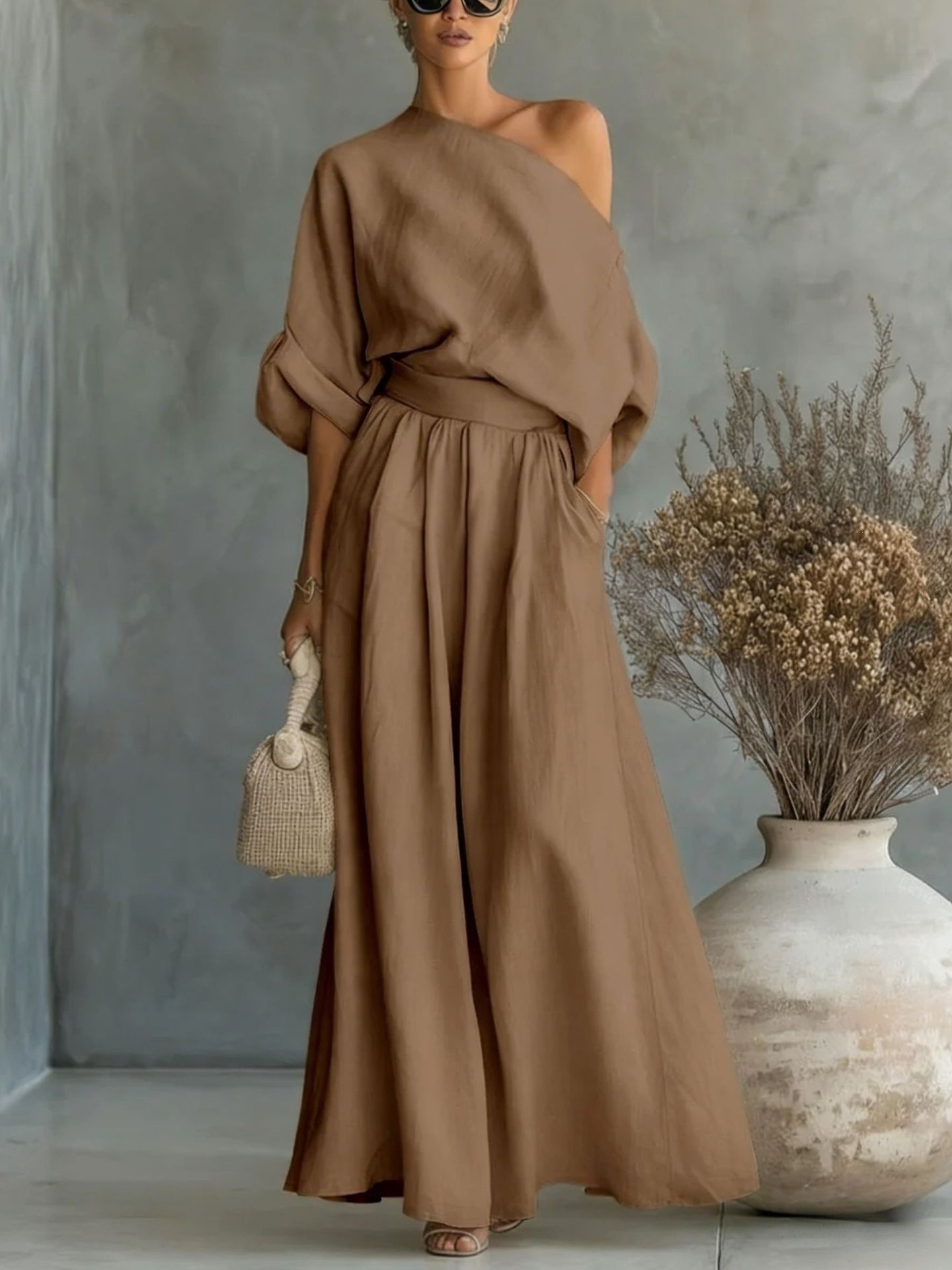 Elegant One-Shoulder Waist-Cinching Top and Skirt Two-Piece Set