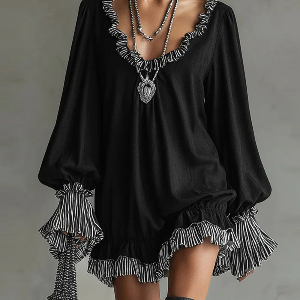 Black Ruffle-Trim A-Line Midi Dress Long Sleeve