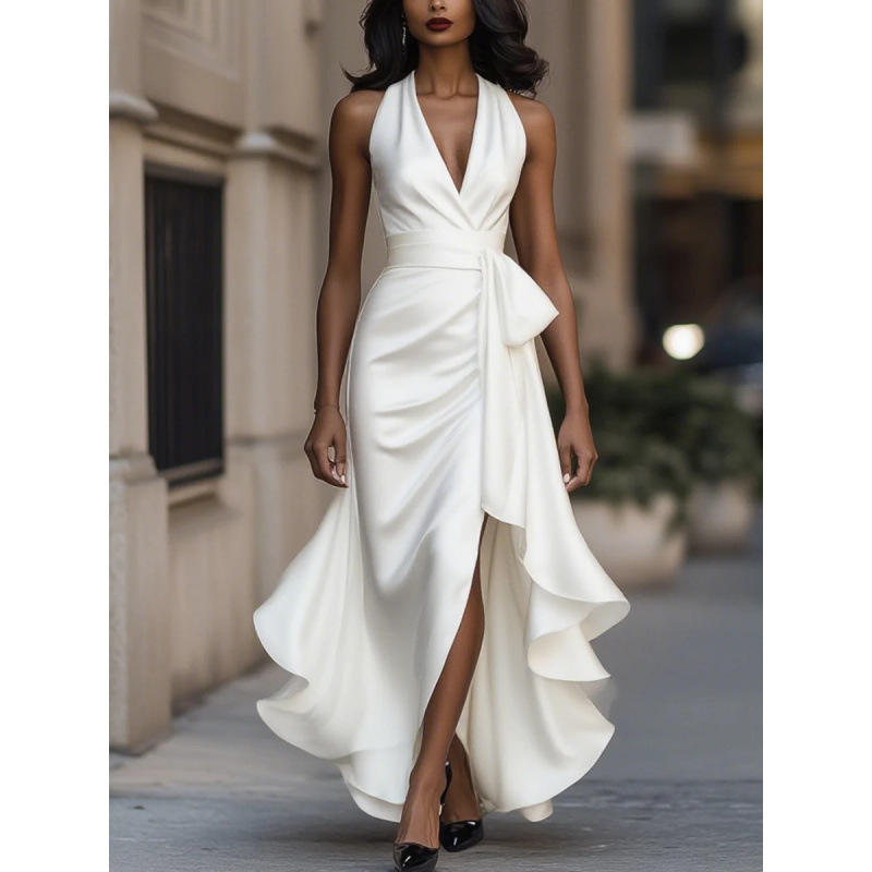 Satin V-Neck Sleeveless Ruched Ruffle Dress