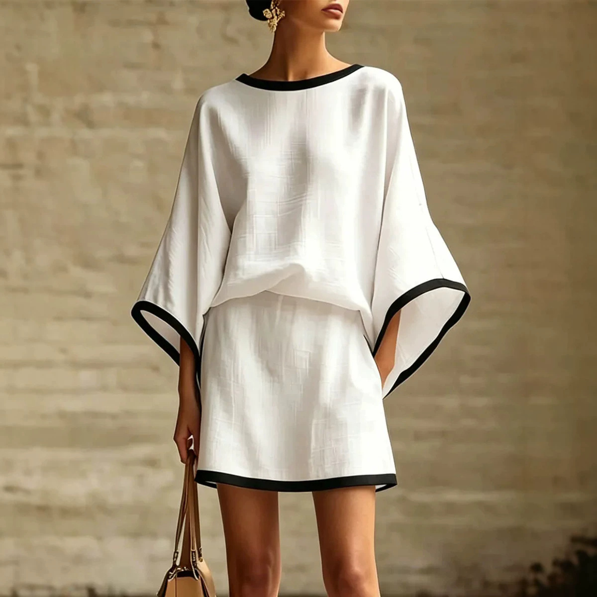 Women's Cotton-Linen Batwing Sleeve Top and Skirt Two-Piece Set