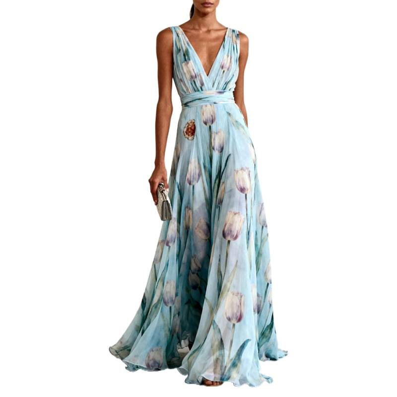 Blue Tulip Print Sleeveless V-Neck Maxi Dress