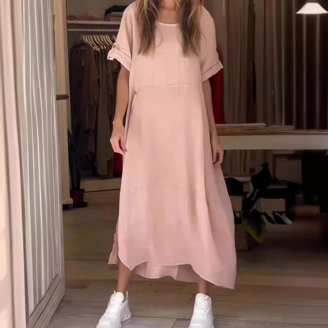 Women's Summer Loose Casual Solid Short Sleeve Cotton Linen Dress