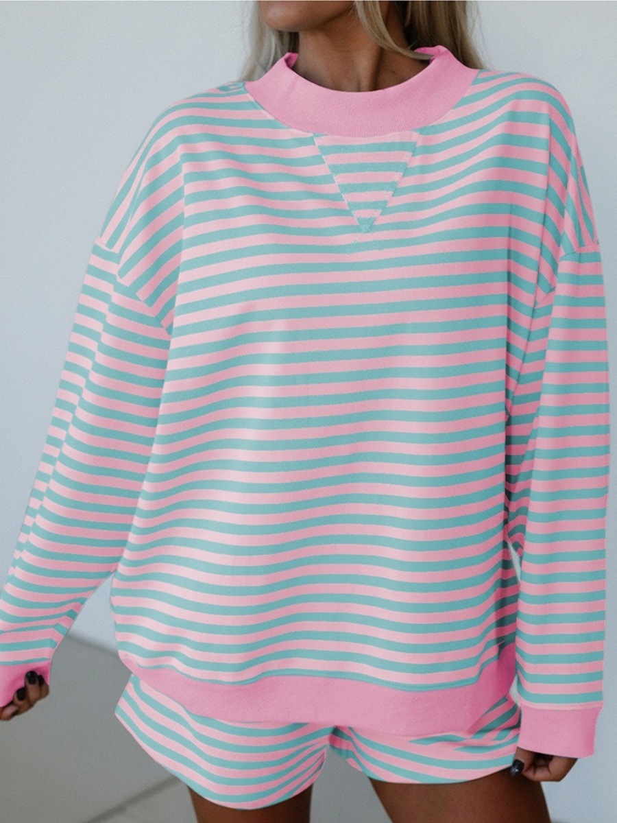 Striped Print Long-Sleeve Top and Shorts Two-Piece Lounge Set