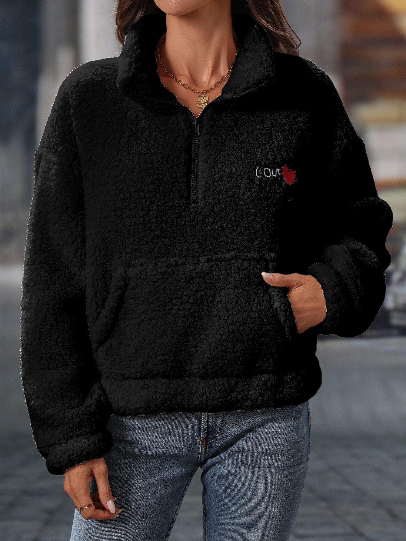 Faux Fur Half-Zip Stand Collar Pullover Hoodie