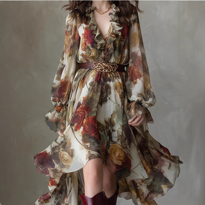 Bohemian Floral Print Ruffle Neck High-Low Chiffon Midi Dress