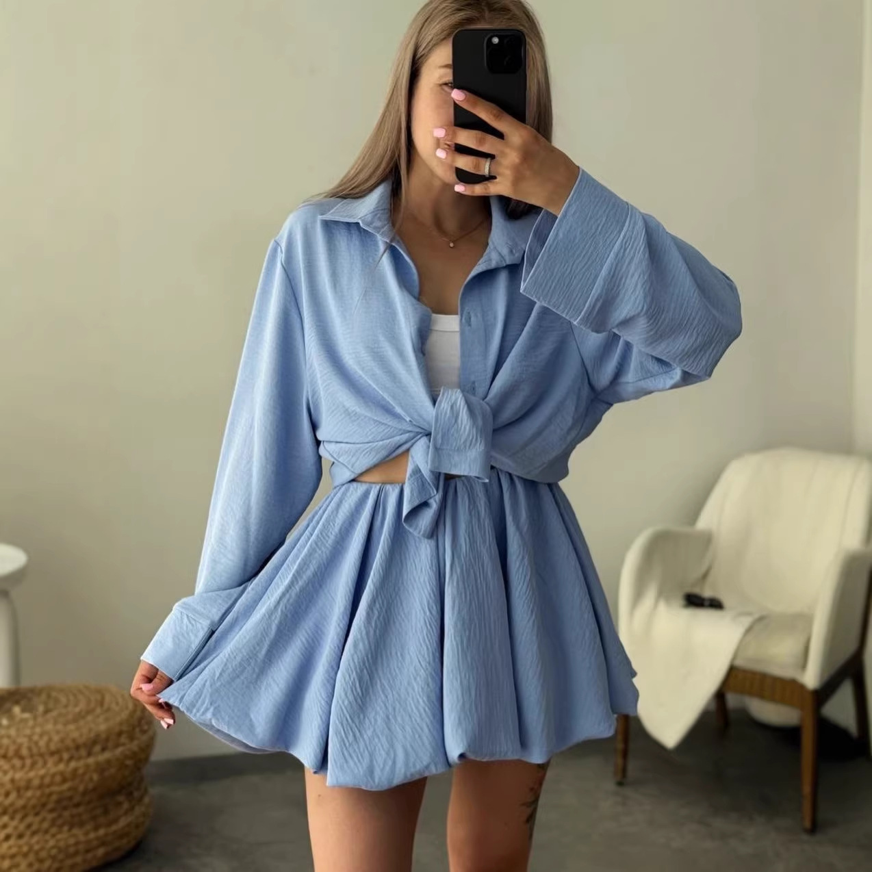 Women's Long Sleeve Ruffle Shirt and Shorts Casual Set