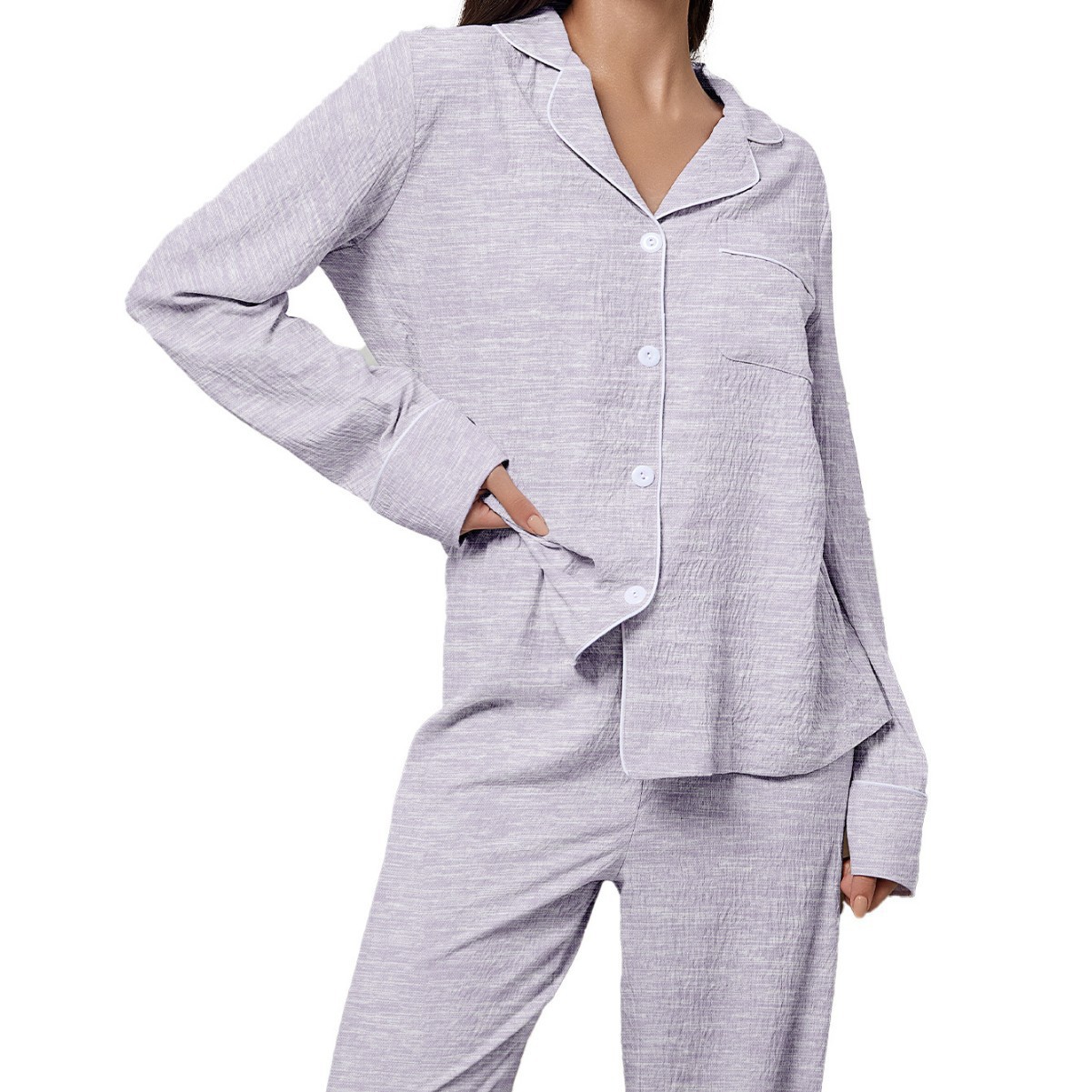Women's Cuban Collar Long Sleeve Solid Color Casual Set