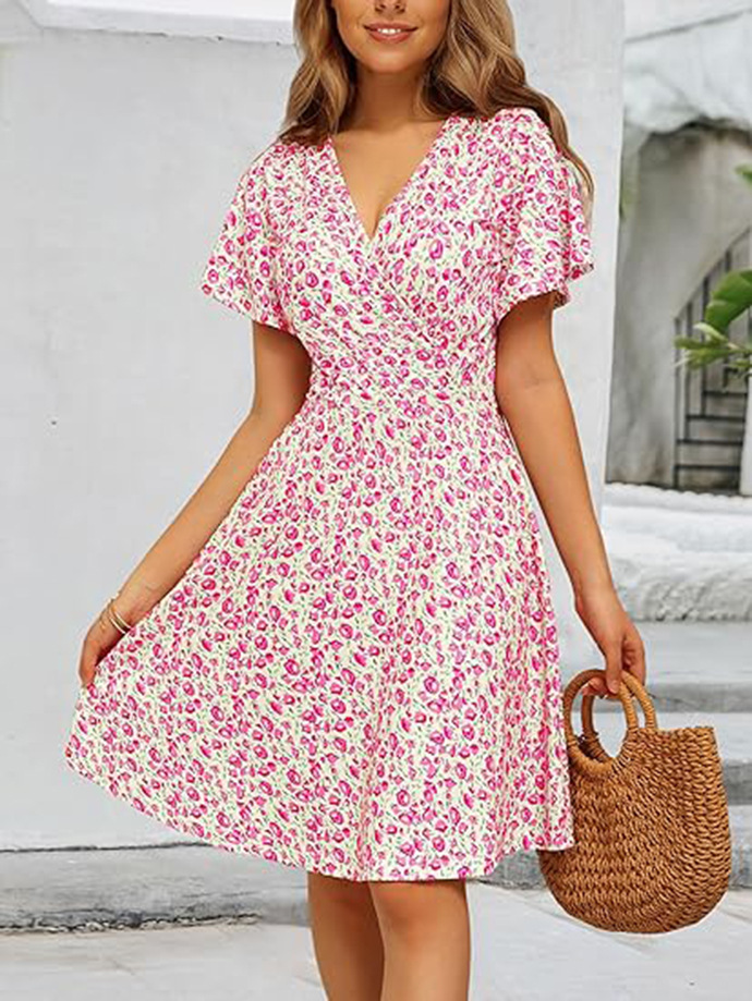 Women's Floral Short Sleeve Wrap V-Neck A-Line Midi Dress