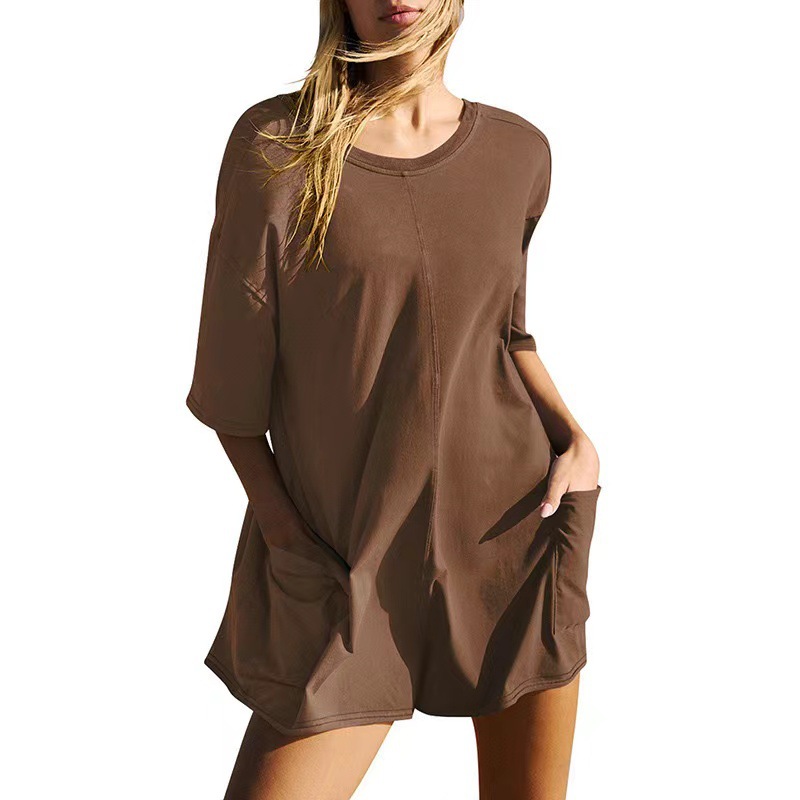 Women's Short Sleeve Open Back V-Neck Loose Casual Pocket Jumpsuit