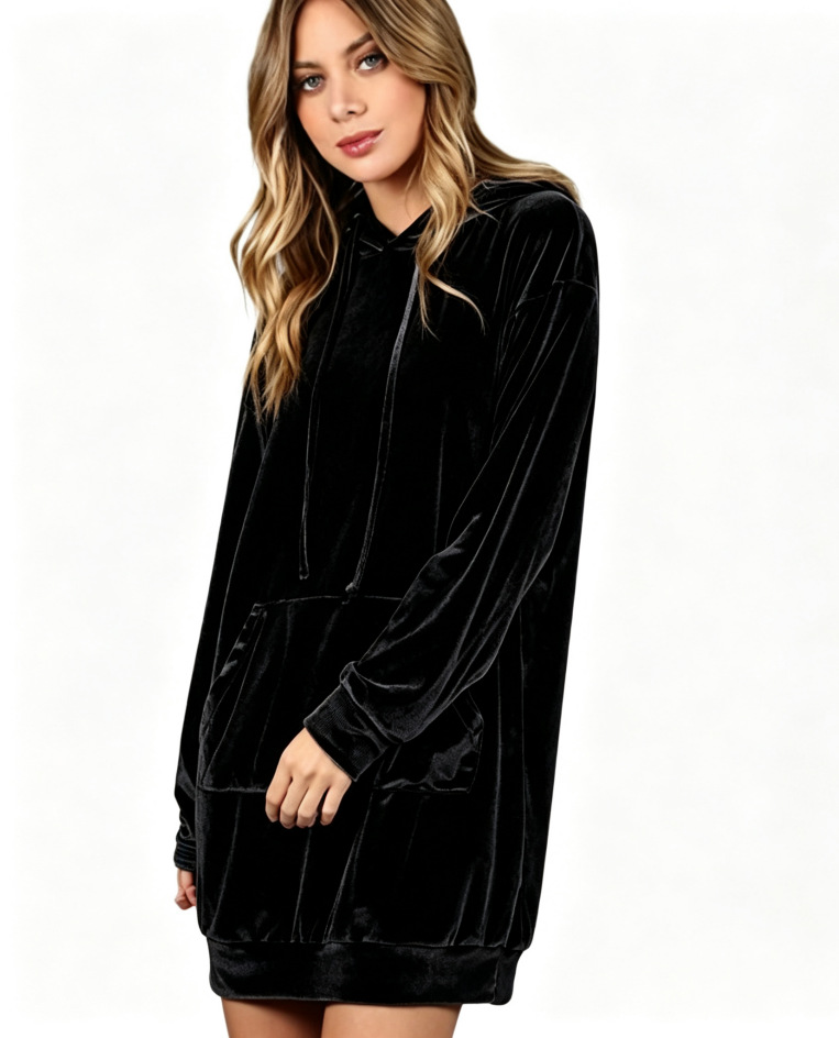 Velvet Hooded Sweatshirt Dress Oversized Pullover