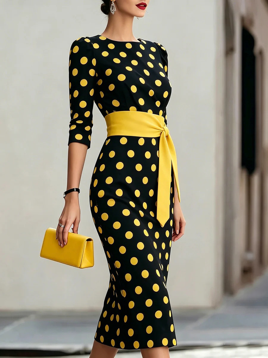 Color-Block Polka Dot Belted Slim Fit Long Sleeve Dress