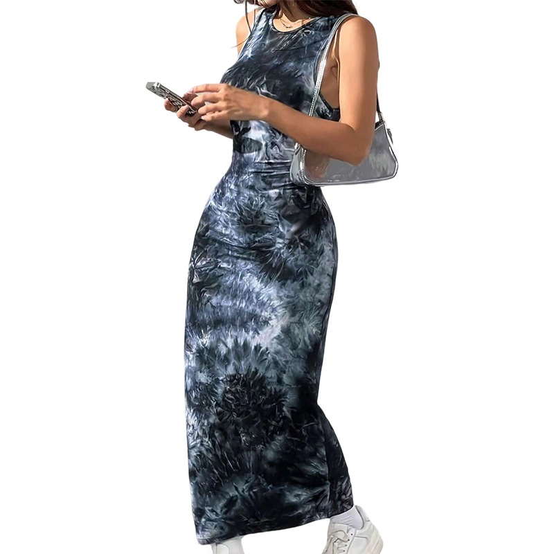 Sleeveless Tie-Dye Maxi Dress with Irregular Buttons