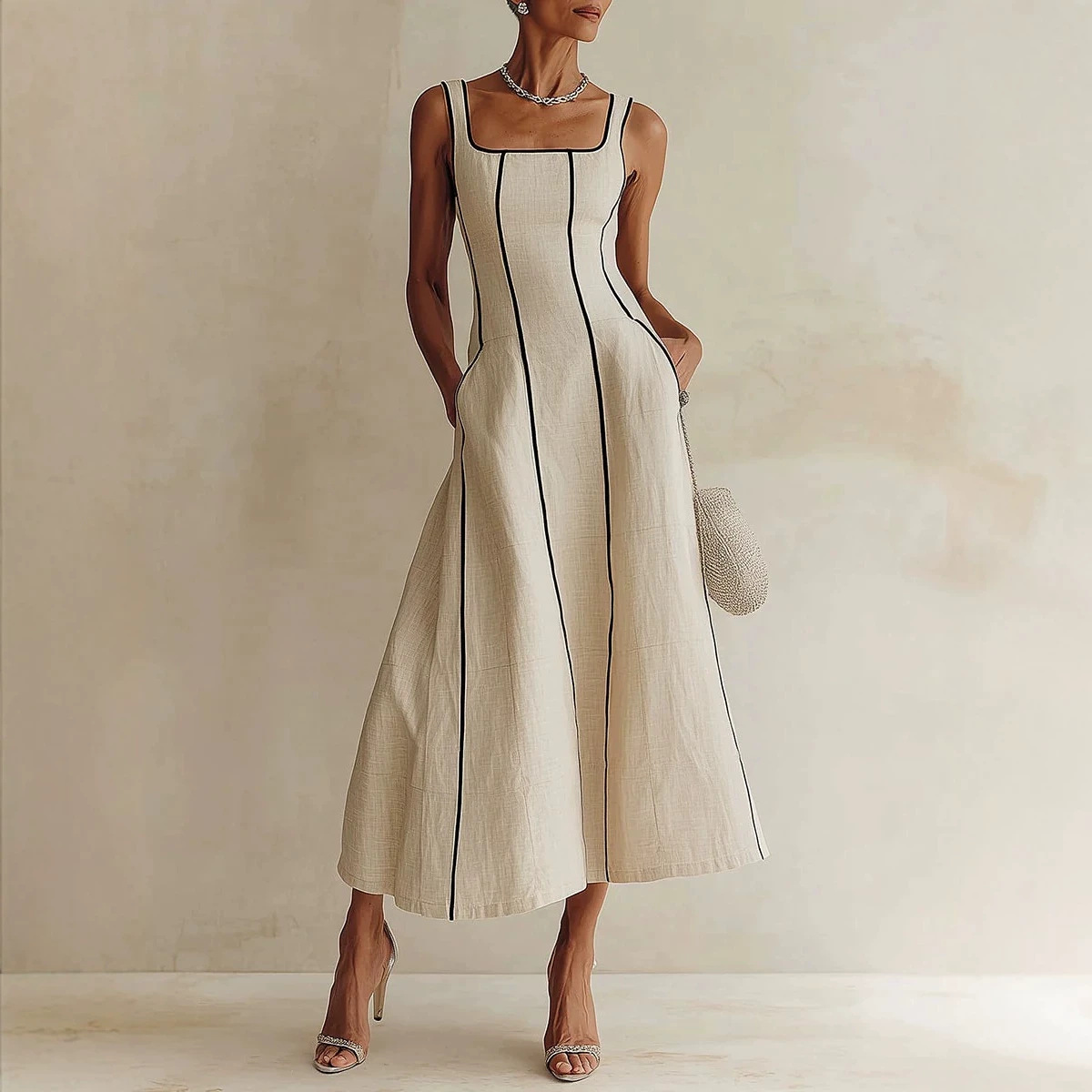French Square-Neck Contrast Stitch Linen-Blend Midi Dress with Pockets