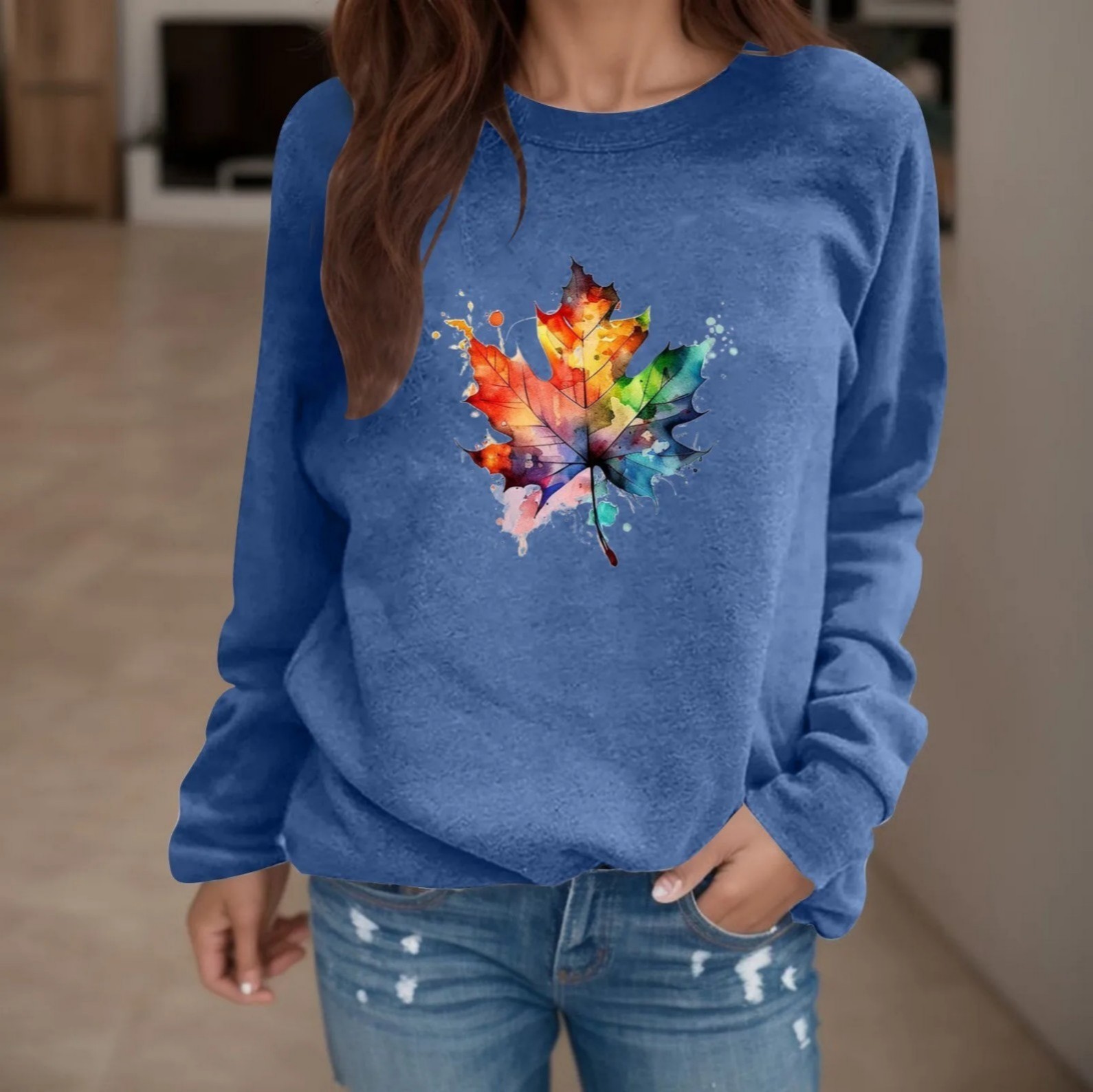 Women's Colorful Maple Leaf Print Crewneck Sweatshirt