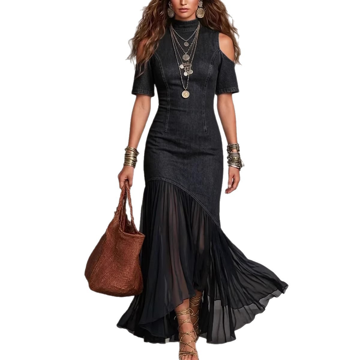 Off-Shoulder Short Sleeve French Mesh Hem Dress