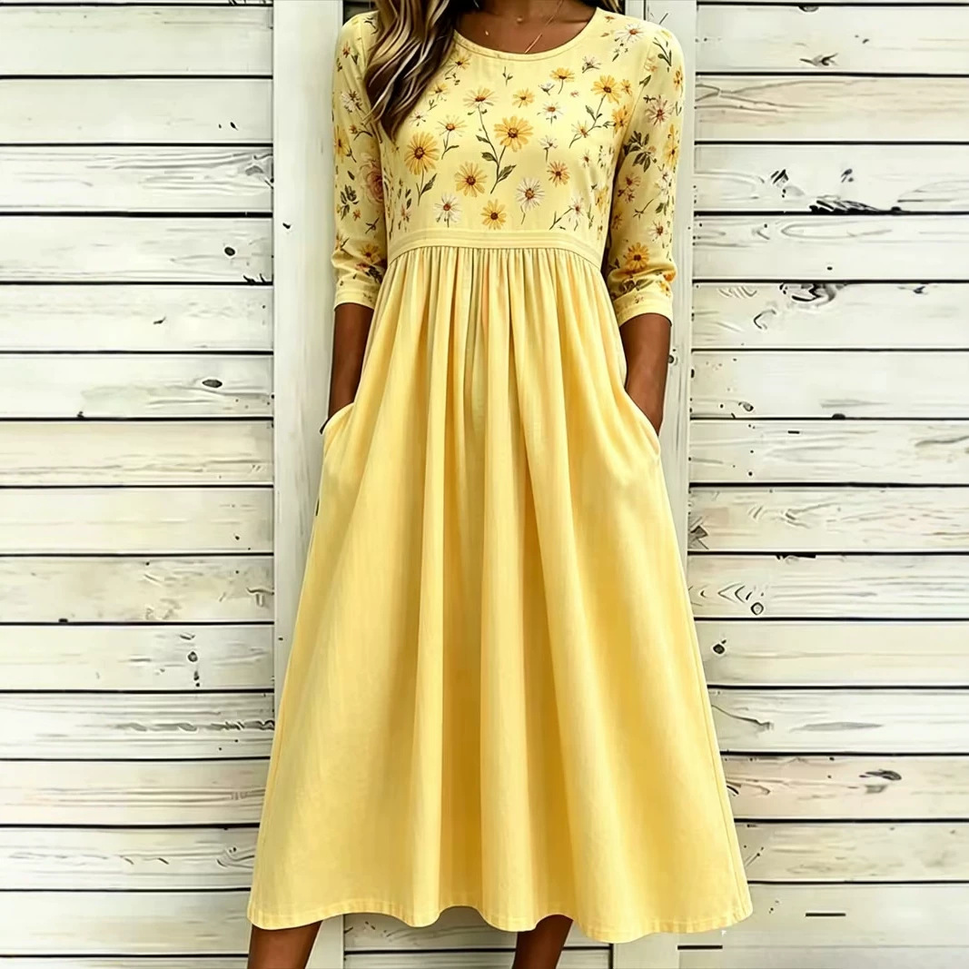 Women's Floral Print Pleated Midi Dress Round Neck Five-Sleeve Slim Fit