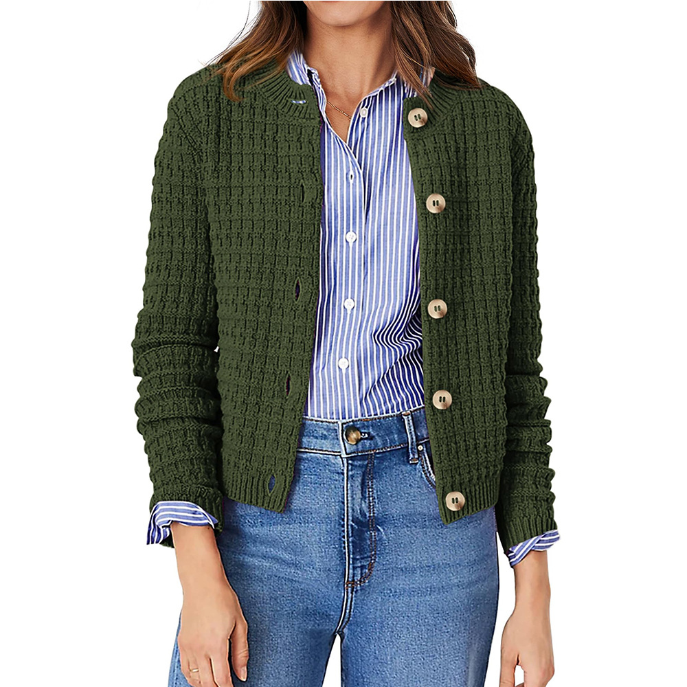 Women's Solid Color Crewneck Knit Cardigan Sweater