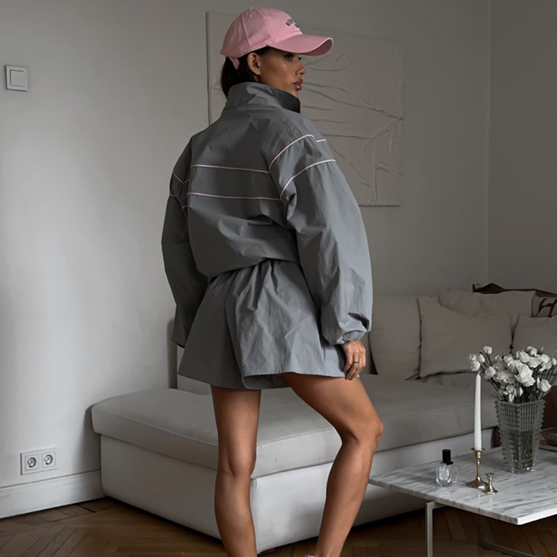 Women's Summer Casual Loose Long Sleeve Zip Cardigan Drawstring Wide Leg Shorts Set