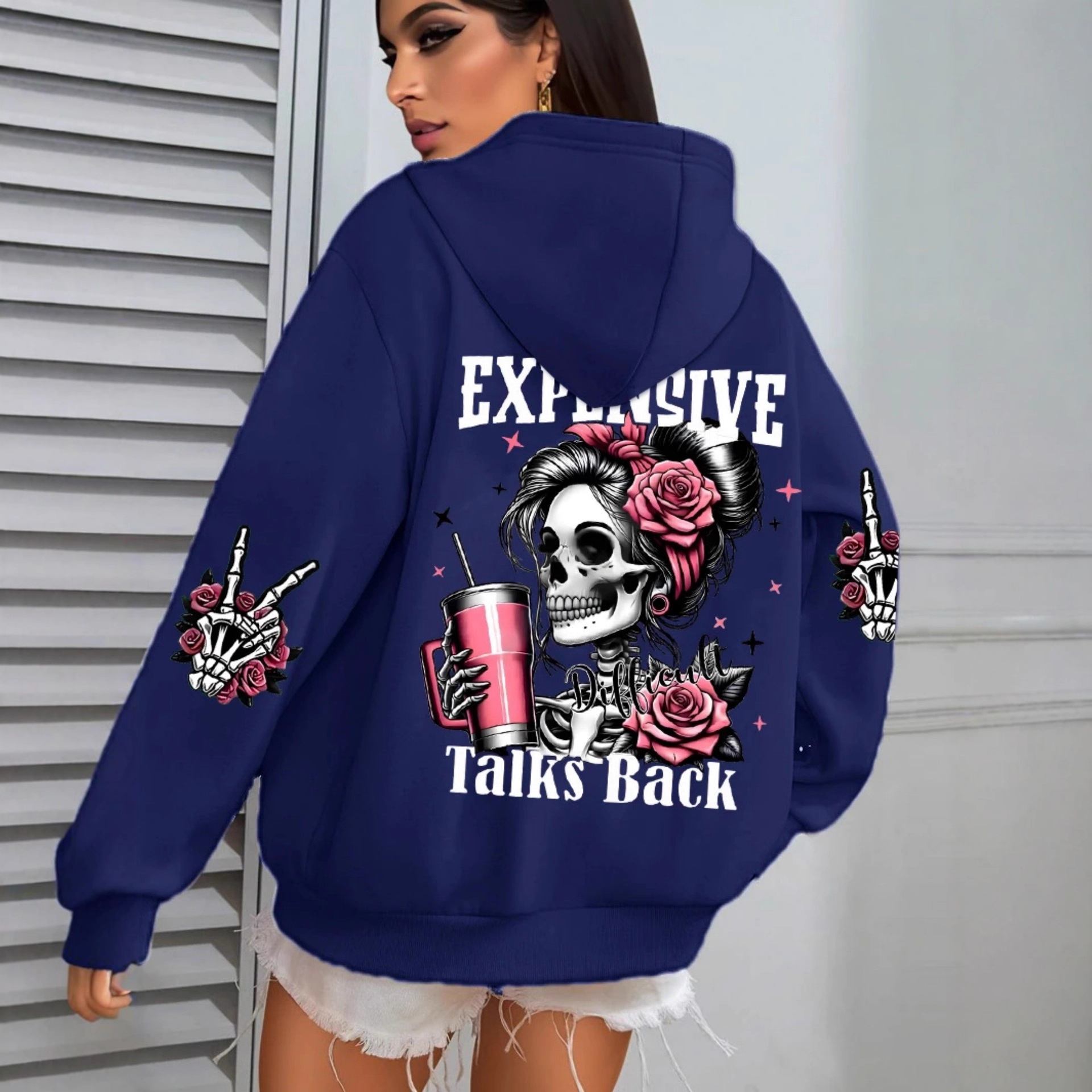 Women's Pink Skull Soda Print Hoodie