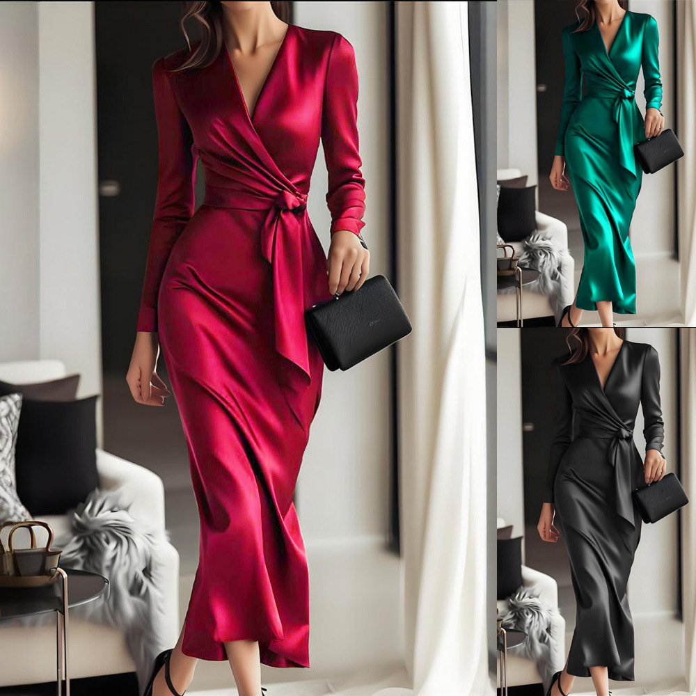 Women's Slim Fit V-Neck High Waist Tie Long Dress
